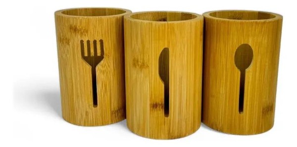 Kit Porta Talheres Bambu 3 Peças