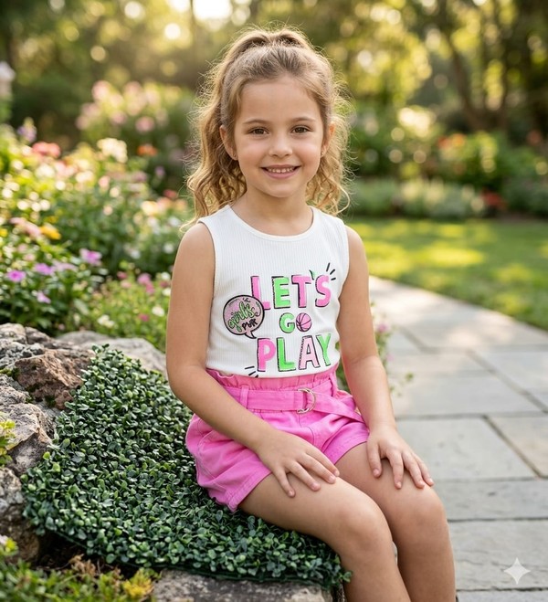 F9502 CONJUNTO REGATA E SHORTS COM CINTO LETS GO PLAY MOMI