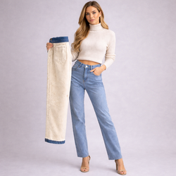 Calça Jeans Wide Leg Feminina Peluciada + Meia Térmica