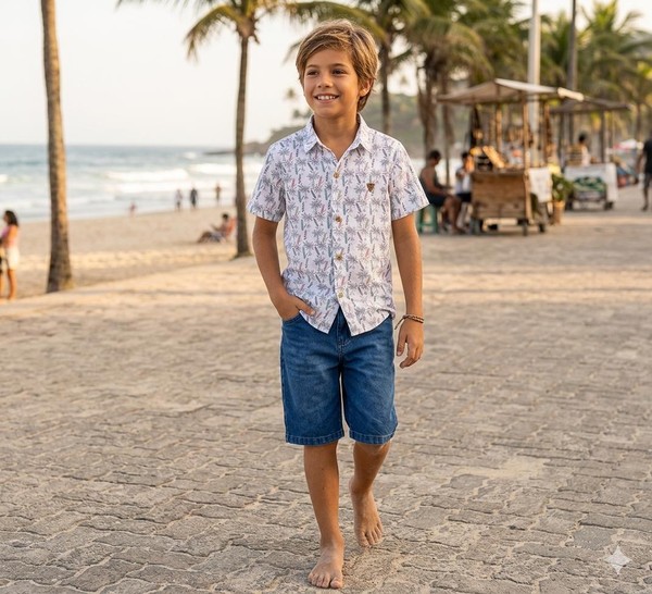 3299 CONJUNTO CAMISA E BERMUDA JEANS ESTAMPA COQUEIRO BRANCO MENINO ANUSKA