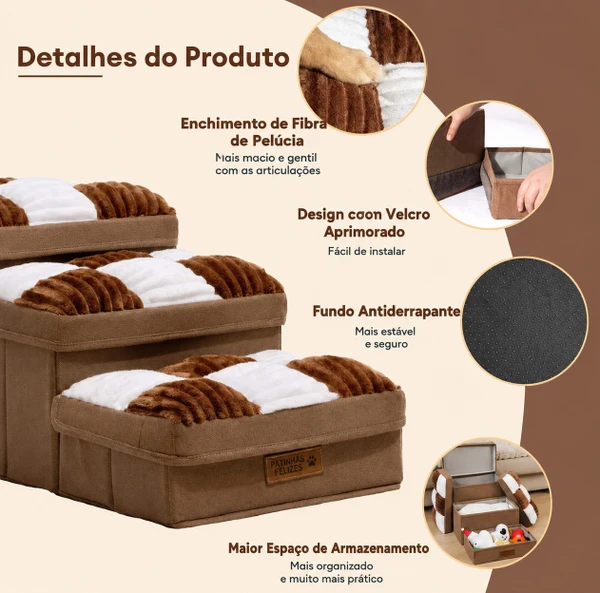 Escada para cães artesanal removível com estampa xadrez e espaço para armazenamento - Degraus dobráveis