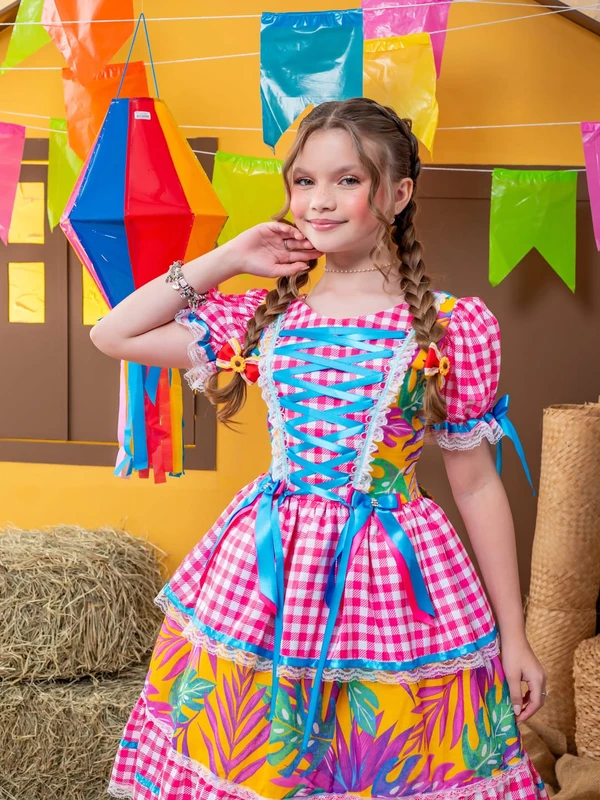 Vestido Junino – Xadrez Com Laço - Rosa e Azul 