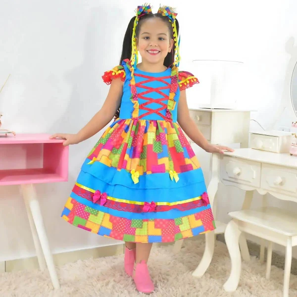 Vestido Junino Azul E Estampa Com Efeito Retalho Luxuoso