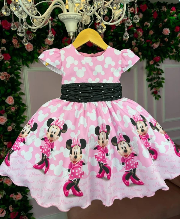 Vestido Temático Estampado - Minnie - Rosa C/Preto 