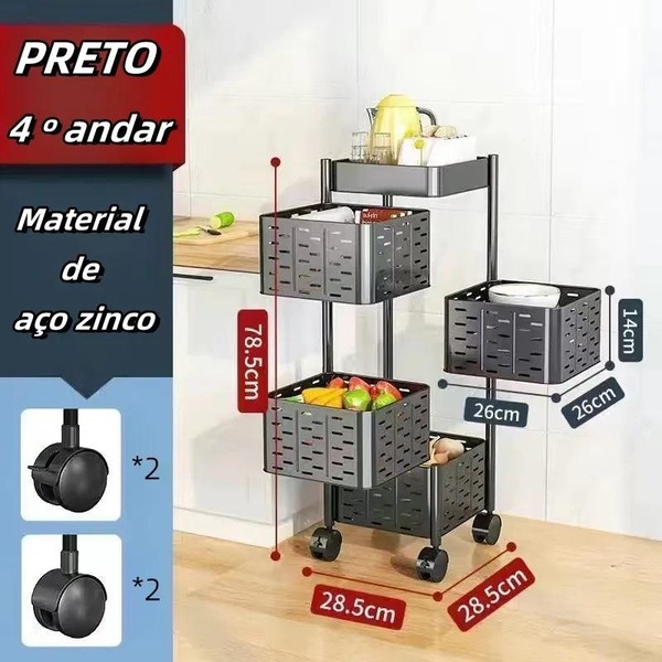 Cesto Carrinho Organizador Multiuso Decoreção 4 Prateleiras com Rodinhas Dobravel METAL
