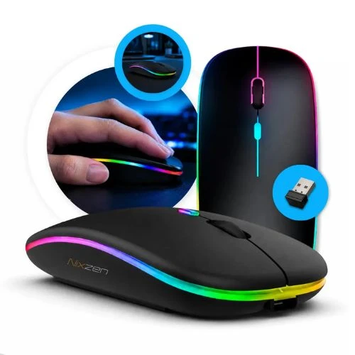 Mouse Bluetooth RGB Recarregável Sem Fio com Bateria de Longa Duração