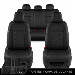 Kit Completo de Capas para Banco de Carro Evurus em Couro Legítimo Universal 5 Lugares Com Airbag + Tapetes e Capa de Volante