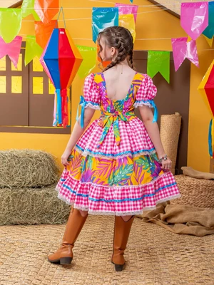 Vestido Junino – Xadrez Com Laço - Rosa e Azul 
