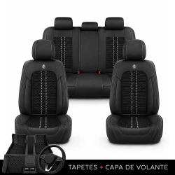 Kit Completo de Capas para Banco de Carro Acelon em Couro Legítimo Universal 5 Lugares Com Airbag + Tapetes e Capa de Volante