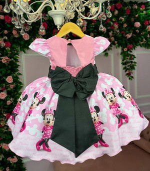 Vestido Temático Estampado - Minnie - Rosa C/Preto 