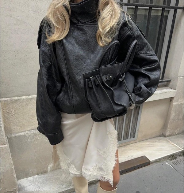Jaqueta Feminina Oversized Couro Eco Gola Alta Estilo Europeia Vintage Premium Vynara