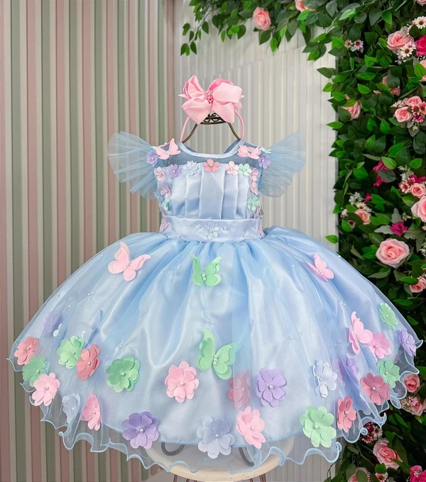 Vestido Luxo Bordado com Aplicações - Jardim Encantado Azul