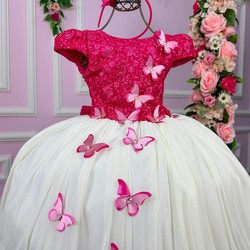 Vestido Glamour - Bordado Aplicações de Borboletas - Pink 