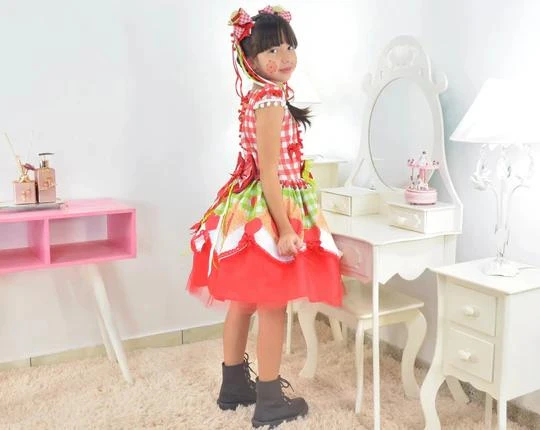 Vestido Festa Junina Tule Vermelho Quadrilha + 2 Laços