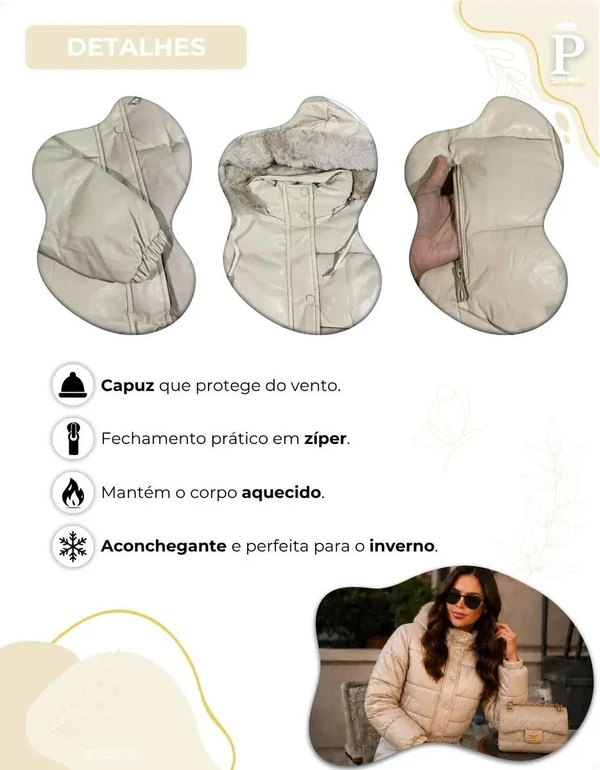 Jaqueta Puffer Feminina De Couro Forrada com Pelinho