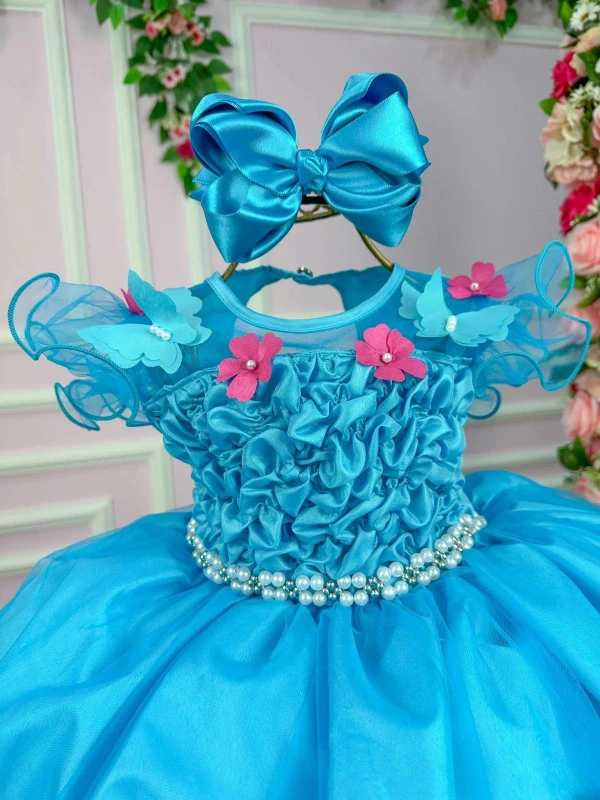 Vestido Fantasia Luxo - Jardim Encantado Azul Tiffany - Acompanha Asa