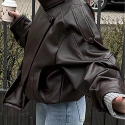 Jaqueta Feminina Oversized Couro Eco Gola Alta Estilo Europeia Vintage Premium Vynara