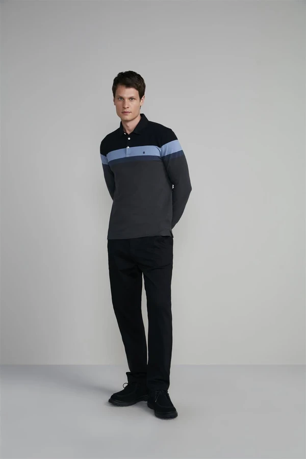 Camisa Polo Manga Longa Piquet Slim Fit - Preto-Cinza Chumbo