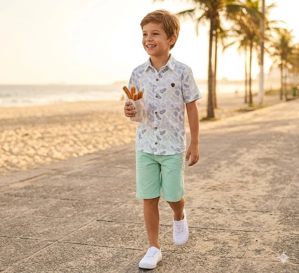 CONJUNTO CAMISA E BERMUDA SARJA ESTAMPA FOLHAGEM VERDE CLARO MENINO ANUSKA 3298 