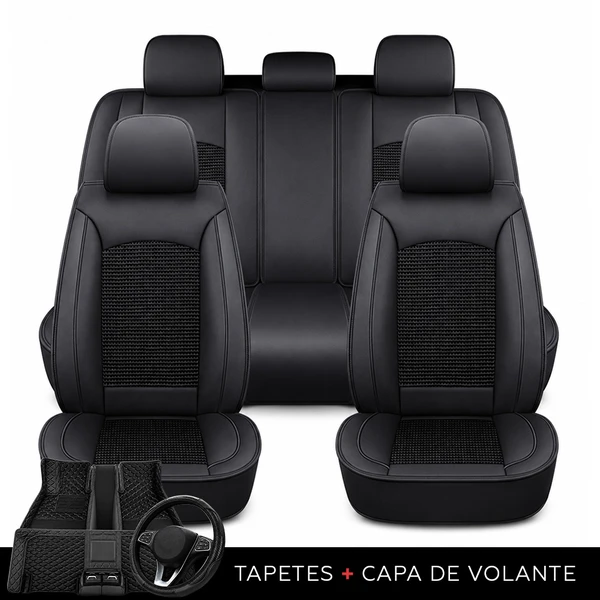 Kit Completo de Capas para Banco de Carro Turbo em Couro Legítimo Universal 5 Lugares Com Airbag + Tapetes e Capa de Volante