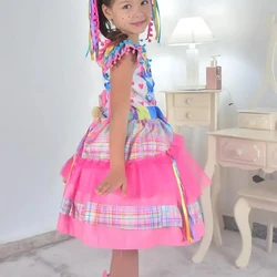 Vestido Stitch e Lilo Festa Junina Xadrez Rosa Quadrilha