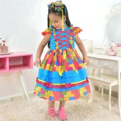 Vestido Junino Azul E Estampa Com Efeito Retalho Luxuoso