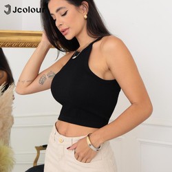 Cropped Feminino Canelado Gola Alta Sem Mangas