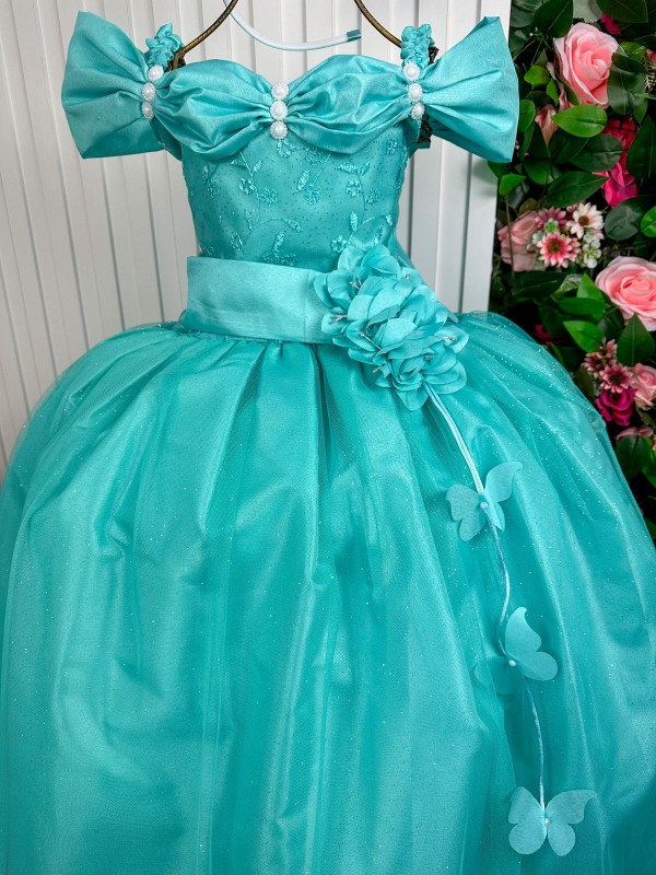 Vestido Luxuoso Longo - Manga Princesa - Verde Tiffany