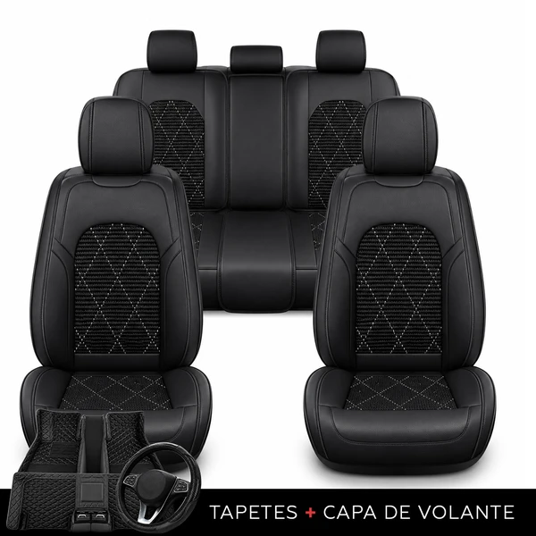 Kit Completo de Capas para Banco de Carro Evurion em Couro Legítimo Universal 5 Lugares Com Airbag + Tapetes e Capa de Volante