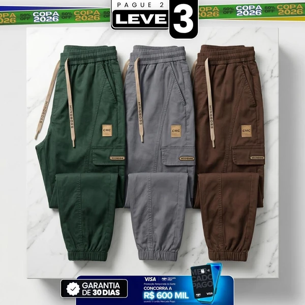 [Leve 3, Pague Só 2] Calça Cargo Orion Masculina em Algodão, Poliéster e Fibras Elásticas de Corte Jogger com Bolsos Utilitários