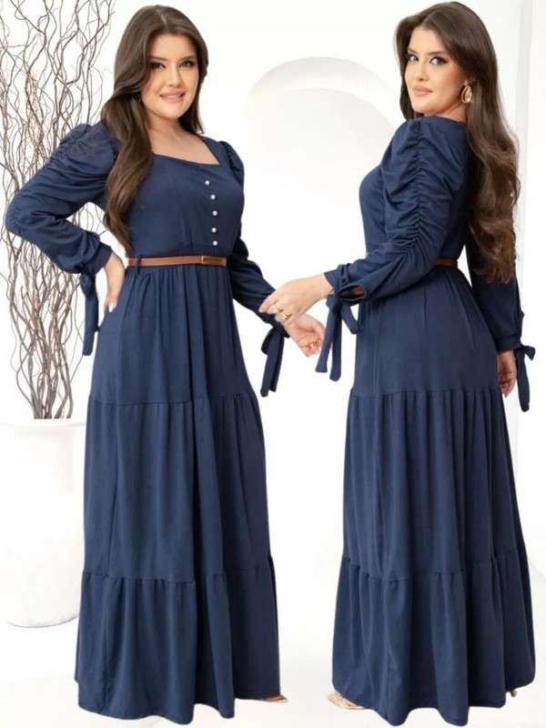 Vestido Longo Feminino Manga Longa Com Perolas E Laço Moda Evangelica Plus Size Para Congresso Luxo