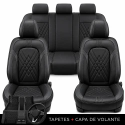 Kit Completo de Capas para Banco de Carro Averon em Couro Legítimo Universal 5 Lugares Com Airbag + Tapetes e Capa de Volante