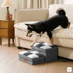 Escada para cães artesanal removível com estampa xadrez e espaço para armazenamento - Degraus dobráveis