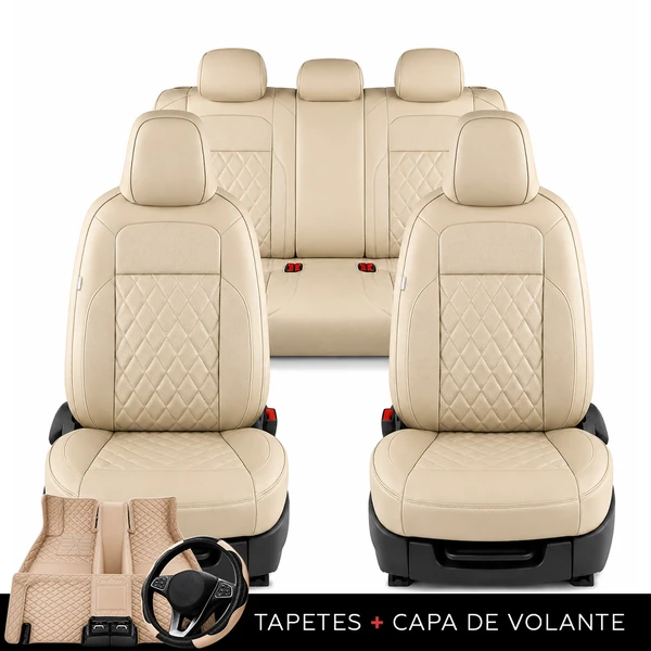 Kit Completo de Capas para Banco de Carro Evurus em Couro Legítimo Universal 5 Lugares Com Airbag + Tapetes e Capa de Volante