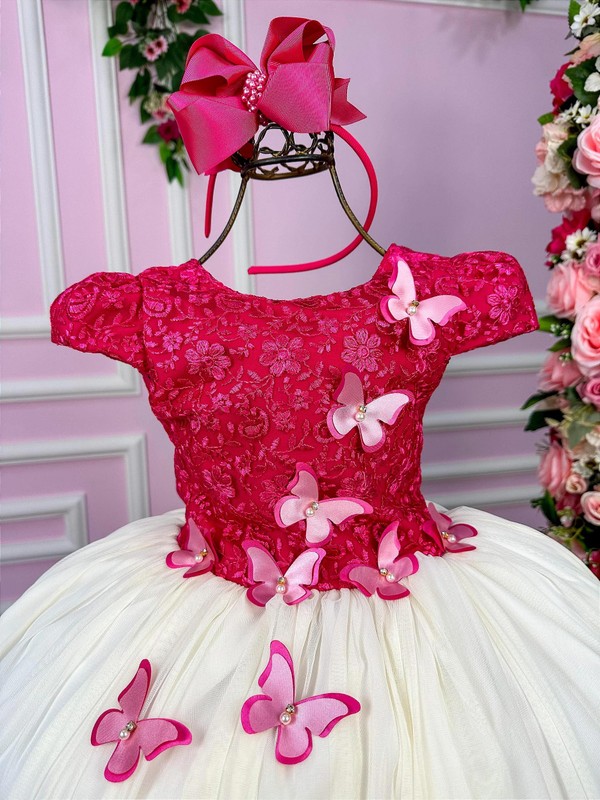 Vestido Glamour - Bordado Aplicações de Borboletas - Pink 