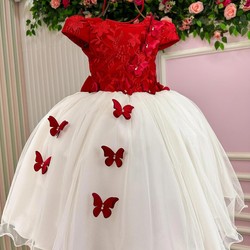 Vestido Glamour - Bordado Aplicações de Borboletas - Vermelho 