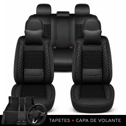 Kit Completo de Capas para Banco de Carro Nureon em Couro Legítimo Universal 5 Lugares Com Airbag + Tapetes e Capa de Volante