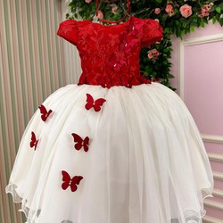 Vestido Glamour - Bordado Aplicações de Borboletas - Vermelho 