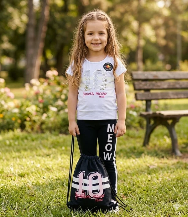 6837 CONJUNTO MEOW PRETO PAETÊ BLUSA CALÇA E BOLSA TIME KIDS