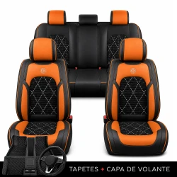 Kit Completo de Capas para Banco de Carro Evurion em Couro Legítimo Universal 5 Lugares Com Airbag + Tapetes e Capa de Volante