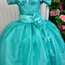 Vestido Luxuoso Longo - Manga Princesa - Verde Tiffany