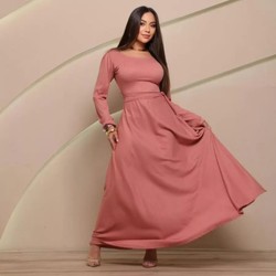 Vestido Longo Godê Canelado Manga Longa Feminino Elegante Inverno
