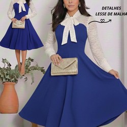 Vestido Feminino Casual Elegante Crepe Malha Detalhe Malha Lesse Moda Evangélica Social Festa 38ao54