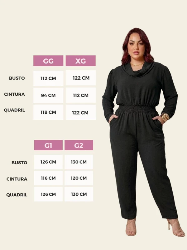 Macacão Manga Longa Gola Feminino Casual - Plus Size Elegante