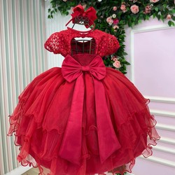 Vestido Luxo Manga Bordada - Vermelho 