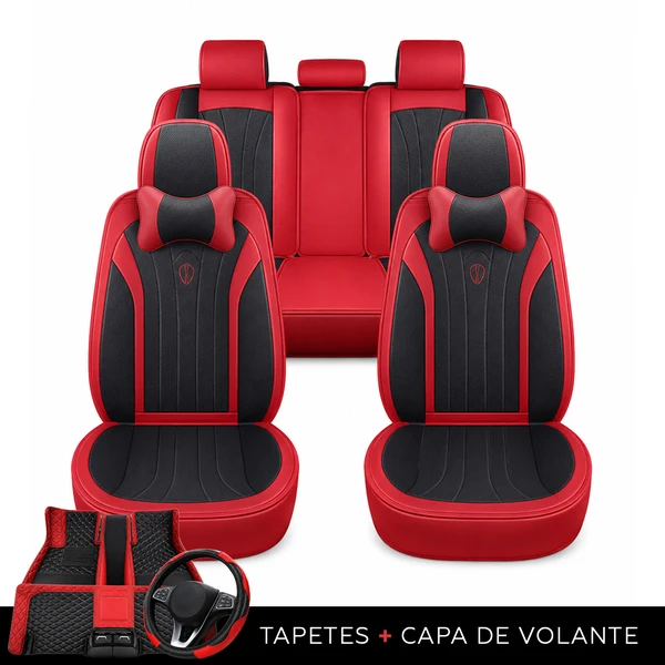 Kit Completo de Capas para Banco de Carro Protecar em Couro Legítimo Universal 5 Lugares Com Airbag + Tapetes e Capa de Volante