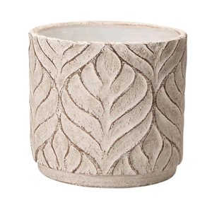 Vaso Cachepot em Cimento Detalhes Folhas Branco 17cm
