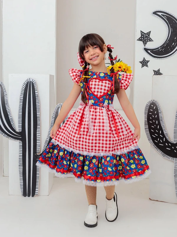 Vestido Junino - Xadrez Floral Com Coração Bordado 