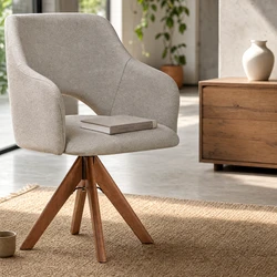 Poltrona Parma Giratória Linho Off White e Castanho