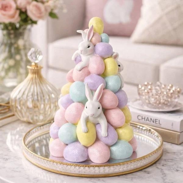 Torre c/ Coelhos e Ovos Decorativo em Resina - 28 cm